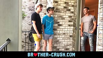 Hot Stepbrothers fuck their horny older neighbour in gay threesome