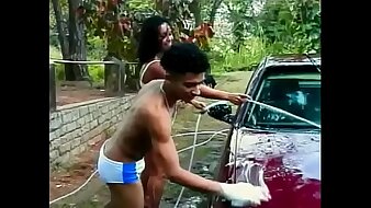 Auto washing turned for juicy Brazilian floozie Sandra into nasty  double-barreled threesome outdoor action